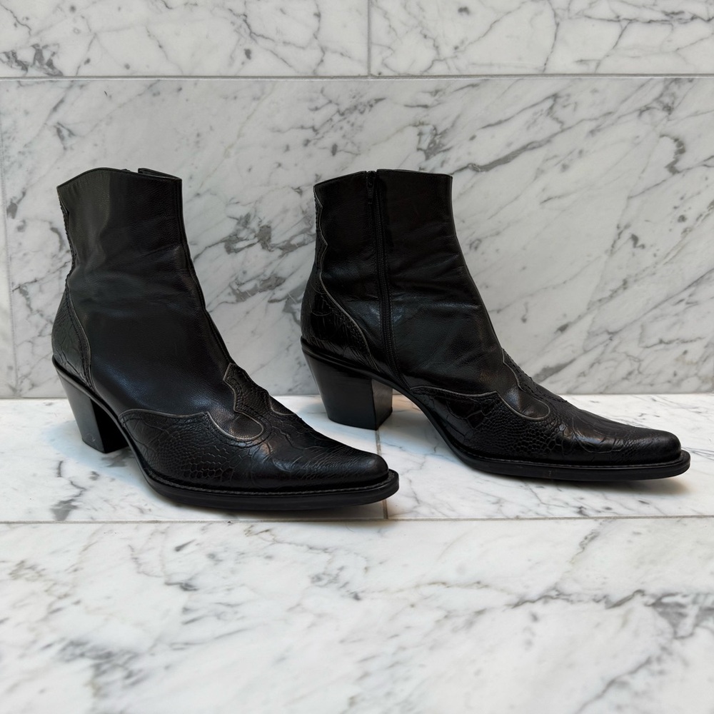 Vintage Franco Sarto Black Leather Animal Print Heeled Boots